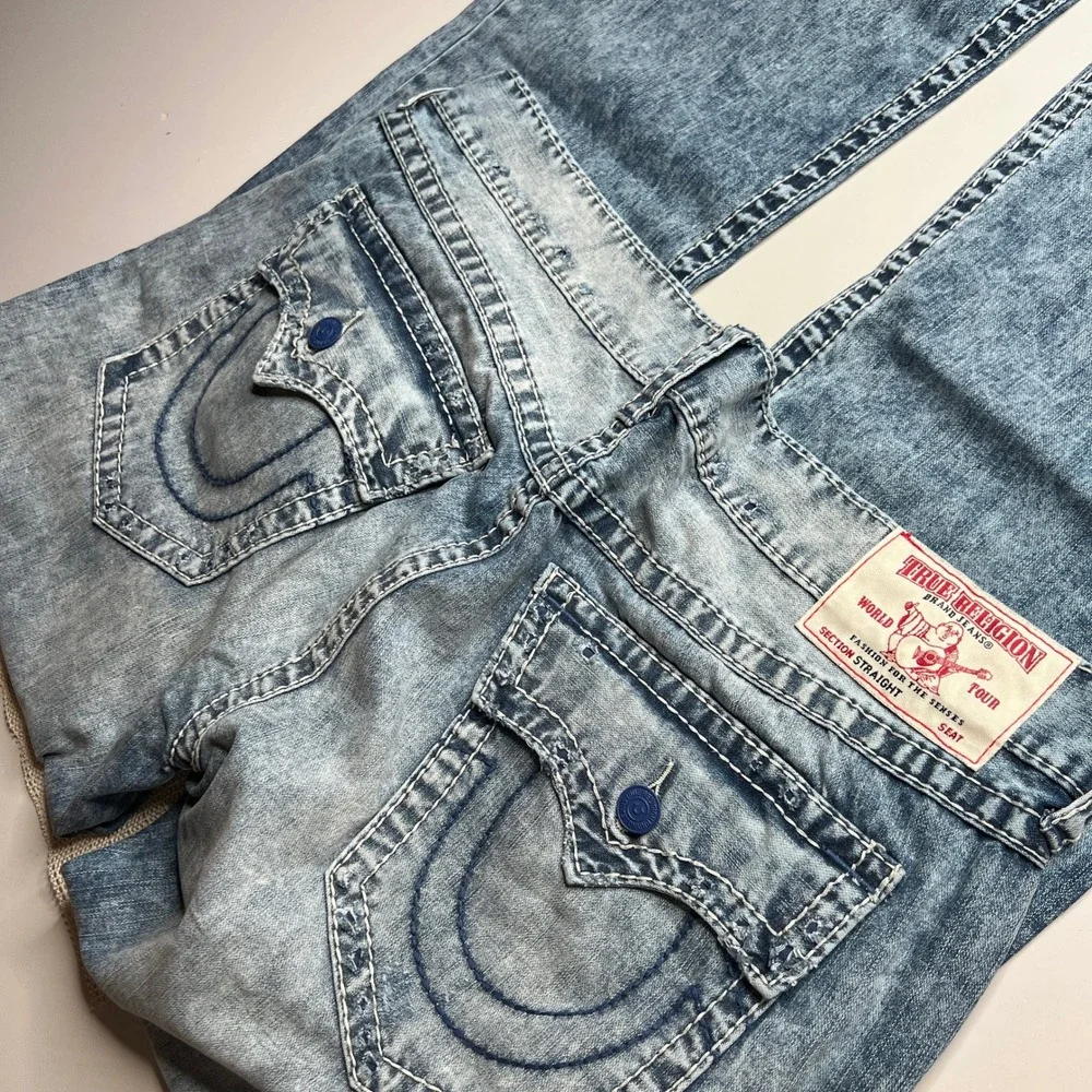 True‎ Religion Straight Leg Jeans Mens 42 Light Wash Blue Contrast Stitch Denim